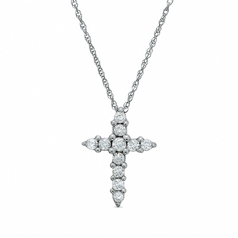 Main Image 1 of Previously Owned - 1/4 CT. T.W. Diamond Prong Cross Pendant in 14K White Gold