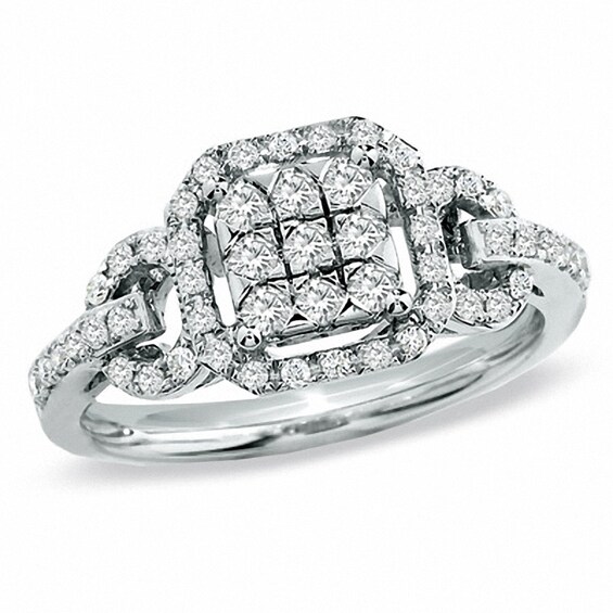 Previously Owned - 1/2 CT. T.w. Princess-Shaped Multi-Diamond Frame Belt Buckle Ring in 14K White Gold