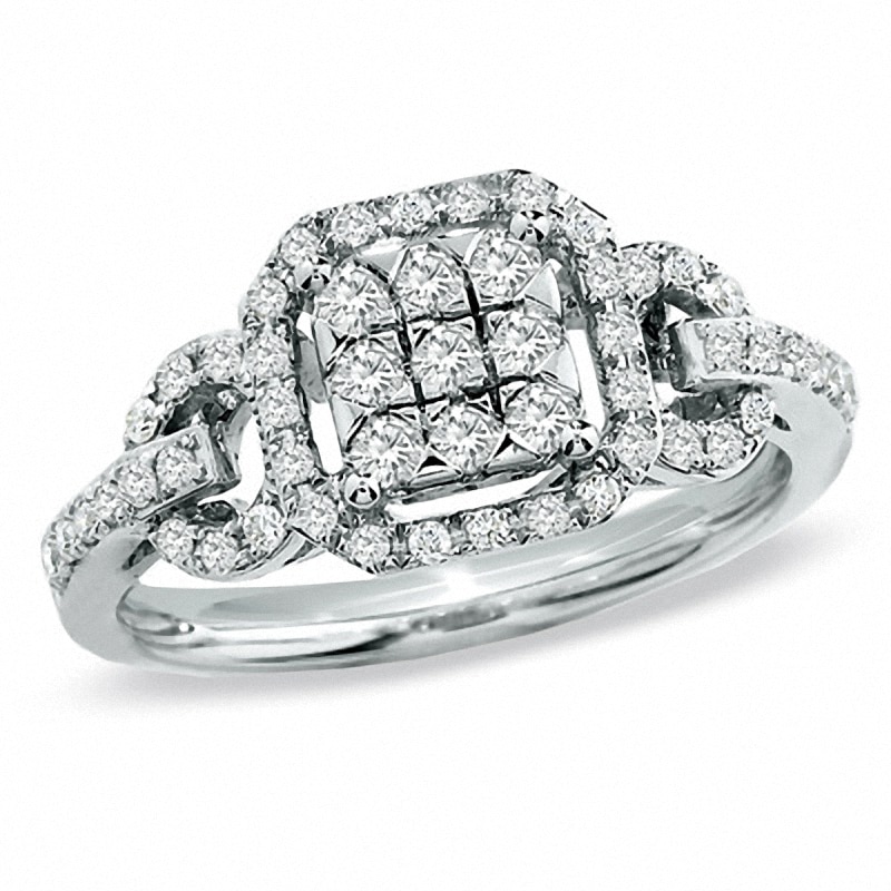 Main Image 1 of Previously Owned - 1/2 CT. T.W. Princess-Shaped Multi-Diamond Frame Belt Buckle Ring in 14K White Gold
