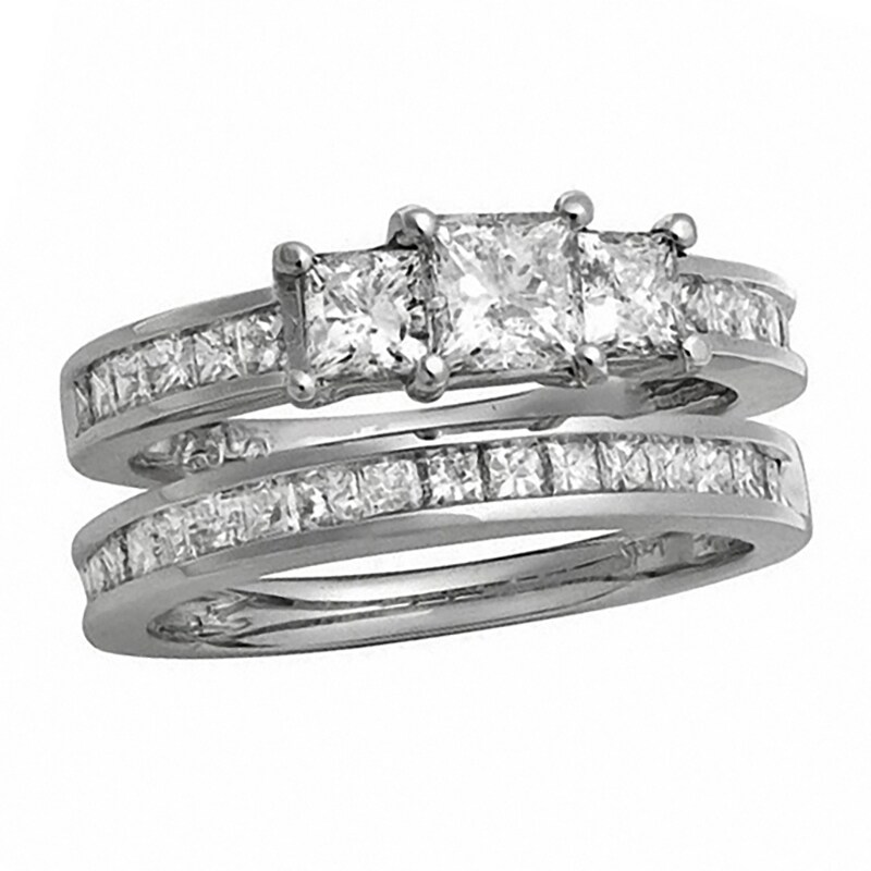 Main Image 1 of Previously Owned - 1 CT. T.W. Princess-Cut Diamond Three Stone Bridal Set in 14K White Gold