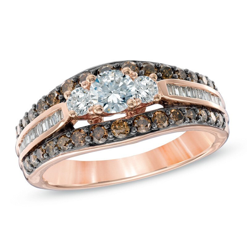 Main Image 1 of Previously Owned - 1-1/5 CT. T.W. Champagne and White Diamond Past Present Future® Ring in 14K Rose Gold