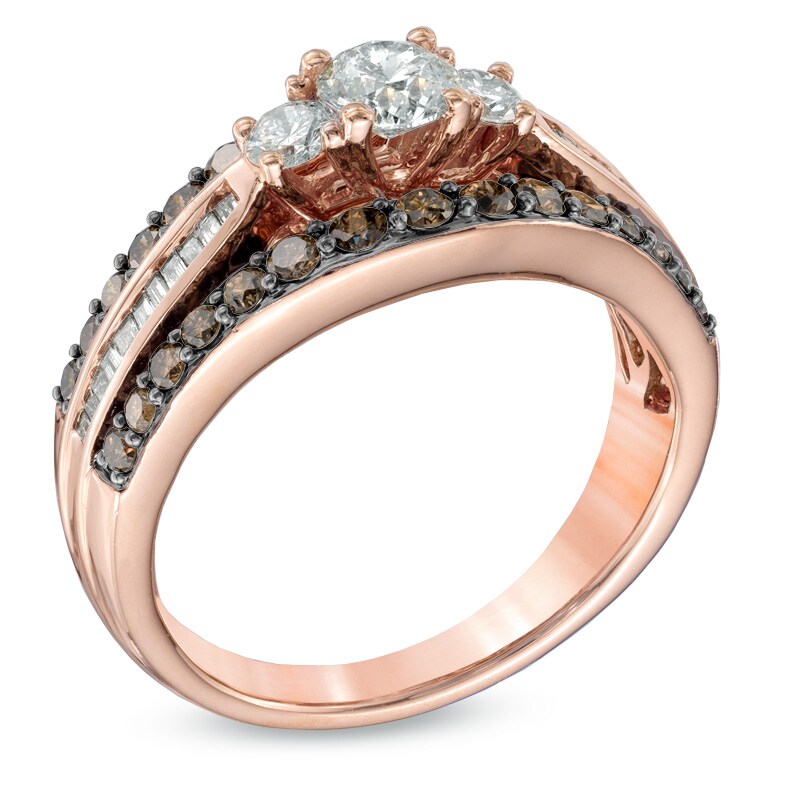Main Image 2 of Previously Owned - 1-1/5 CT. T.W. Champagne and White Diamond Past Present Future® Ring in 14K Rose Gold
