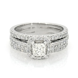 Previously Owned 1-3/4 CT. T.W. Princess-Cut Diamond Frame Soldered Bridal Set in 14K White Gold