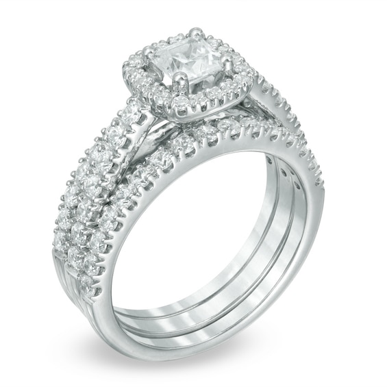 Previously Owned 1-3/4 CT. T.w. Princess-Cut Diamond Frame Soldered Bridal Set in 14K White Gold