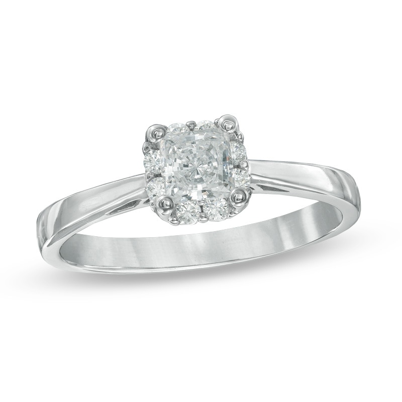 Main Image 1 of Previously Owned - 1/2 CT. T.W.   Princess-Cut Diamond Frame Engagement Ring in 14K White Gold (I/I1)