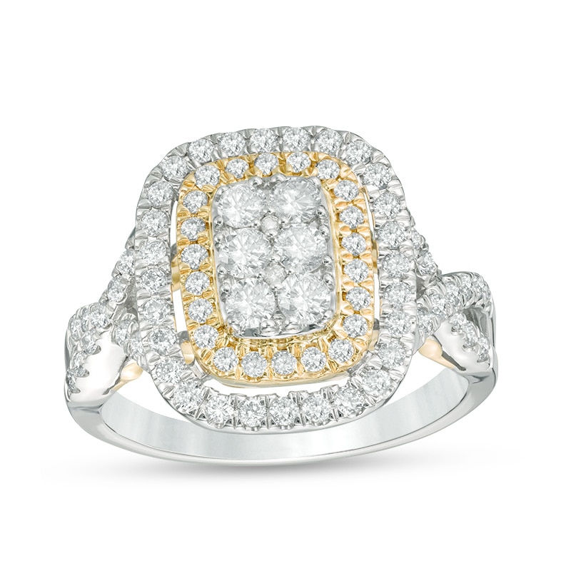 Main Image 1 of Previously Owned - 1 CT. T.W. Composite Diamond Rectangle Frame Twist Shank Ring in 10K Two-Tone Gold