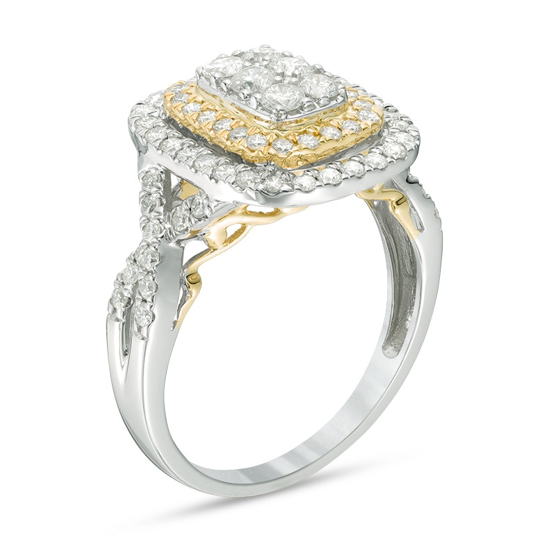 Main Image 2 of Previously Owned - 1 CT. T.W. Composite Diamond Rectangle Frame Twist Shank Ring in 10K Two-Tone Gold
