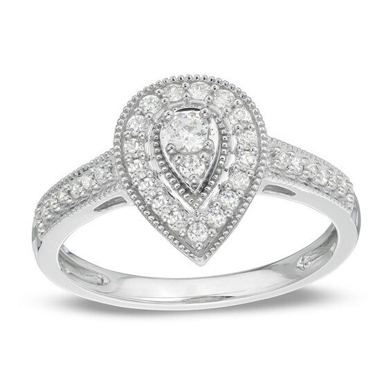 Previously Owned - 1/3 CT. T.w. Diamond Teardrop-Shaped Frame Vintage-Style Engagement Ring in 10K White Gold