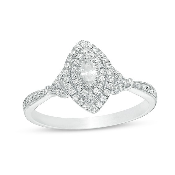 Previously Owned - 1/3 CT. T.w. Marquise Diamond Double Frame Vintage-Style Engagement Ring in 14K White Gold