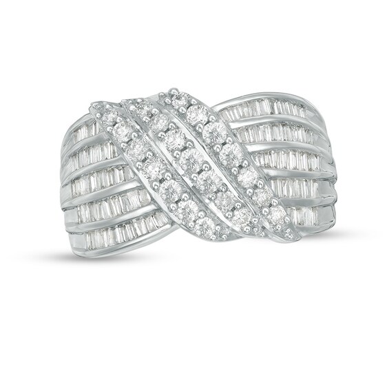 Previously Owned - 1 CT. T.w. Baguette and Round Diamond Multi-Row Wave Ring in 10K White Gold