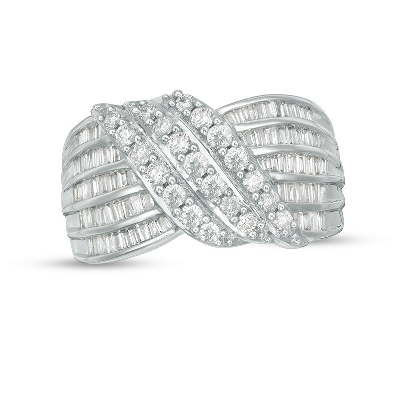 Main Image 1 of Previously Owned - 1 CT. T.W. Baguette and Round Diamond Multi-Row Wave Ring in 10K White Gold