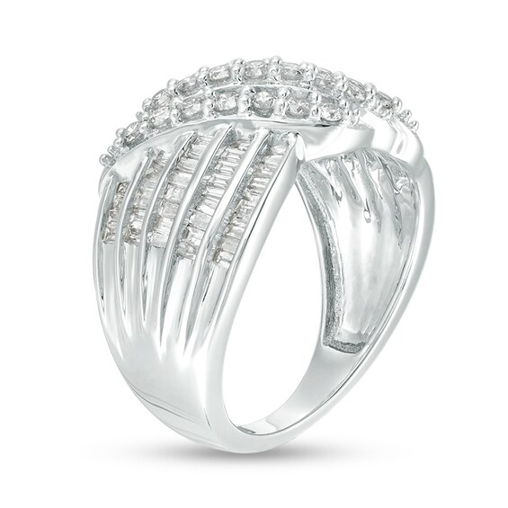 Previously Owned - 1 CT. T.w. Baguette and Round Diamond Multi-Row Wave Ring in 10K White Gold