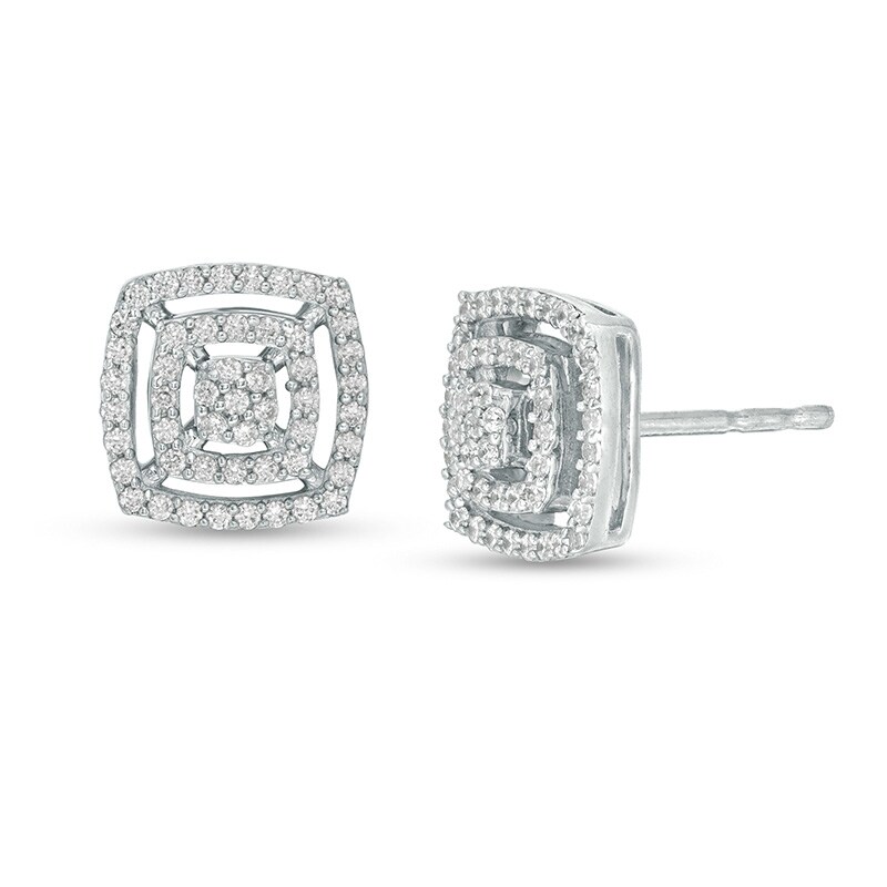 Main Image 1 of Previously Owned - 1/3 CT. T.W. Multi-Diamond Double Cushion Frame Stud Earrings in 10K White Gold