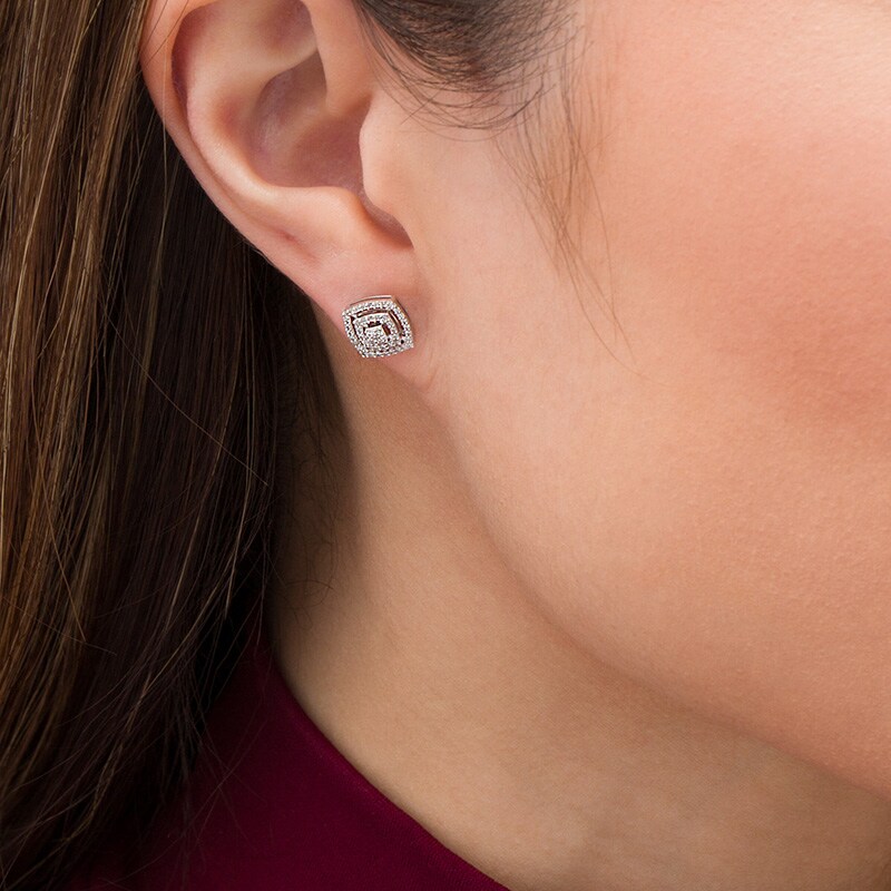 Main Image 2 of Previously Owned - 1/3 CT. T.W. Multi-Diamond Double Cushion Frame Stud Earrings in 10K White Gold