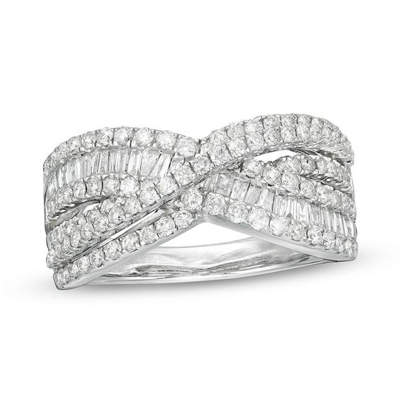 Previously Owned - 1 CT. T.w. Diamond Multi-Row Layered Criss-Cross Ring in 10K White Gold