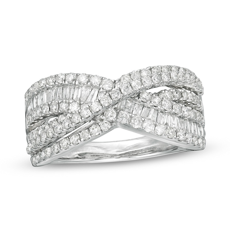 Main Image 1 of Previously Owned - 1 CT. T.W. Diamond Multi-Row Layered Criss-Cross Ring in 10K White Gold