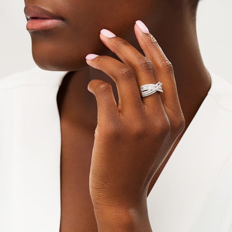 Main Image 2 of Previously Owned - 1 CT. T.W. Diamond Multi-Row Layered Criss-Cross Ring in 10K White Gold