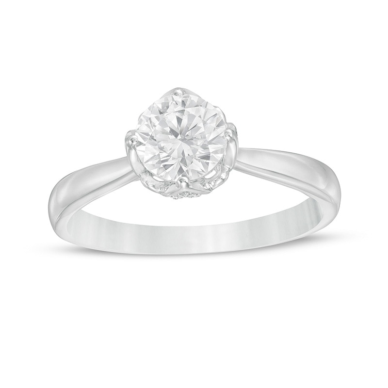 Main Image 1 of Previously Owned - 1 CT. T.W.  Diamond Scallop Frame Floral Engagement Ring in 14K White Gold (I/I2)