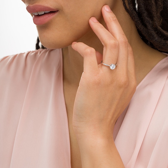 Previously Owned - 1 CT. T.w. Diamond Scallop Frame Floral Engagement Ring in 14K White Gold (I/I2)