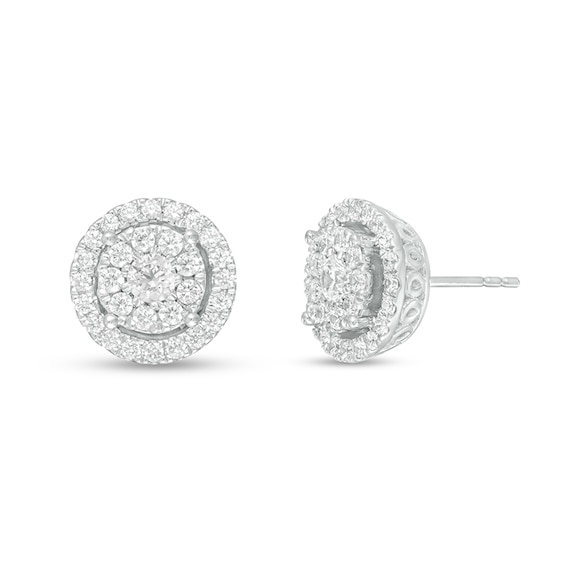 Previously Owned - 1 CT. T.w. Multi-Diamond Frame Tiered Stud Earrings in 10K White Gold
