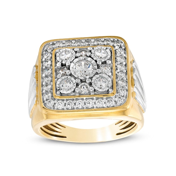 Previously Owned - 1-3/8 CT. T.w. Square-Shaped Multi-Diamond Frame Ribbed Side Accent Ring in 10K Two-Tone Gold
