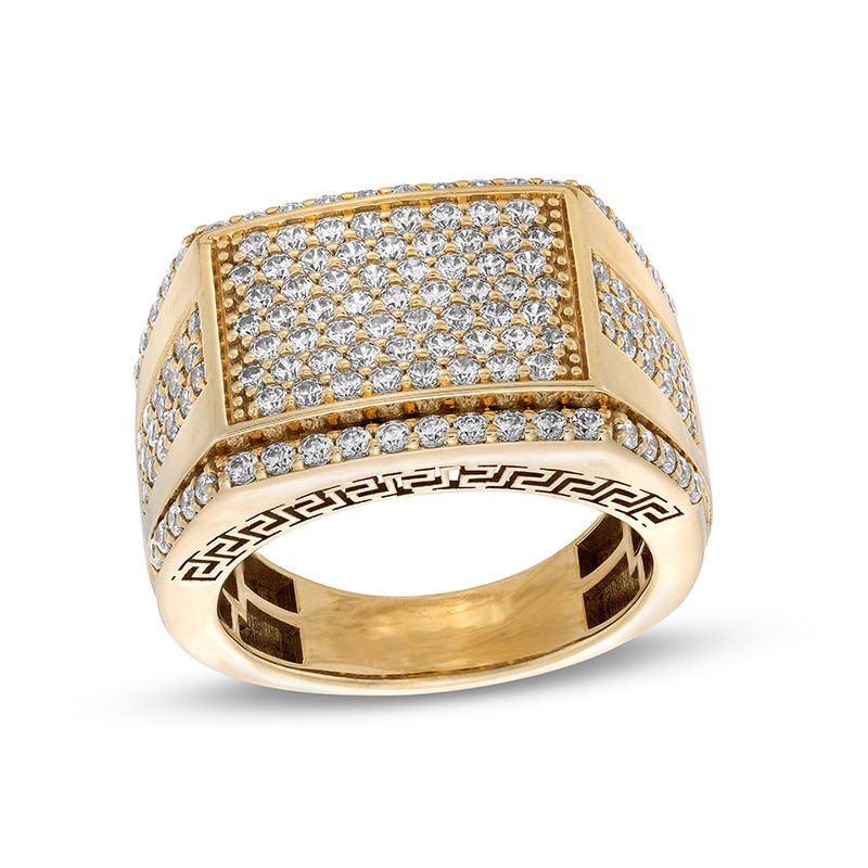 Main Image 1 of Previously Owned - Men's 2-1/4 CT. T.W. Rectangular Multi-Diamond Stepped Border Etched Greek Key Edge Ring in 10K Gold