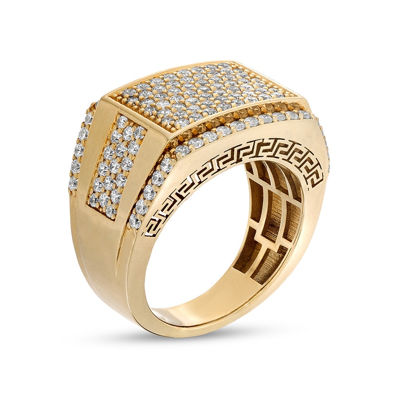 Main Image 2 of Previously Owned - Men's 2-1/4 CT. T.W. Rectangular Multi-Diamond Stepped Border Etched Greek Key Edge Ring in 10K Gold