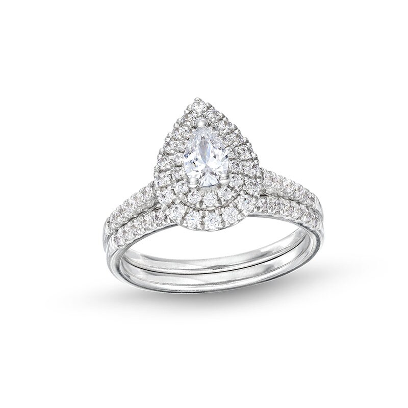 Main Image 1 of Previously Owned - 1 CT. T.W. Pear-Shaped Diamond Frame Bridal Set in 14K White Gold (I/I1)