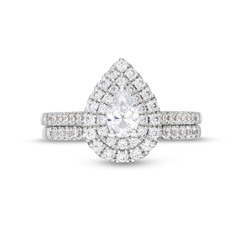 Main Image 4 of Previously Owned - 1 CT. T.W. Pear-Shaped Diamond Frame Bridal Set in 14K White Gold (I/I1)
