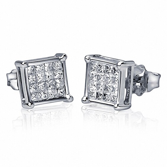 Previously Owned - 1/3 CT. T.w. Princess-Cut Multi-Diamond Stud Earrings in 14K White Gold