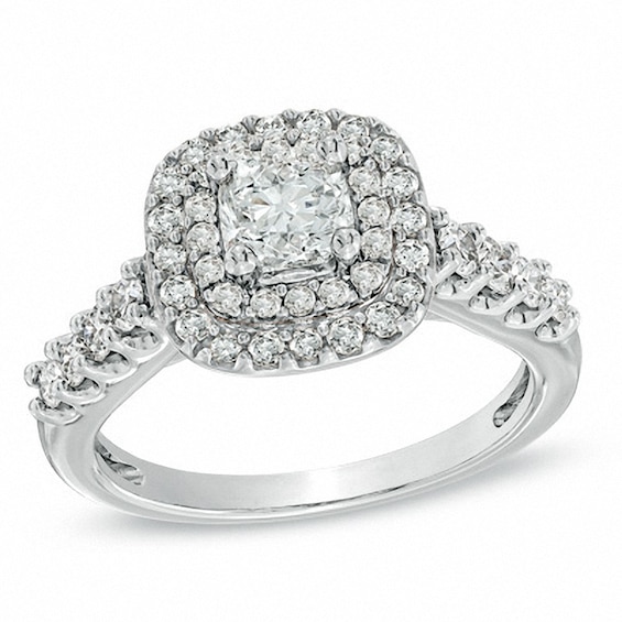 Previously Owned - 1-1/2 CT. T.w. Cushion-Cut Diamond Frame Engagement Ring in 14K White Gold (I/I1)