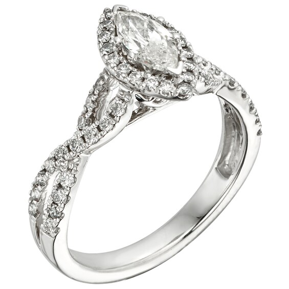 Previously Owned - 1 CT. T.w. Marquise Diamond Frame Twist Shank Engagement Ring in 14K White Gold (I/I1)