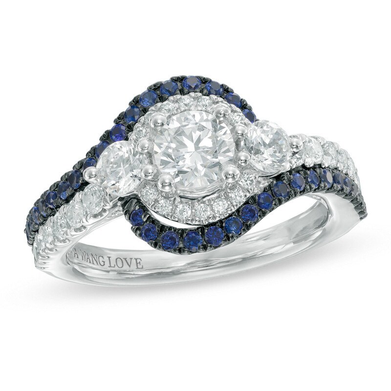 Main Image 1 of Previously Owned - Vera Wang Love Collection 1-1/5 CT. T.W. Diamond and Sapphire Three Stone Swirl Ring in 14K White Gold