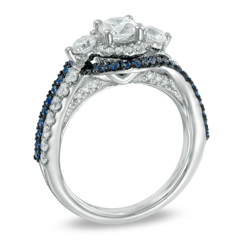 Main Image 2 of Previously Owned - Vera Wang Love Collection 1-1/5 CT. T.W. Diamond and Sapphire Three Stone Swirl Ring in 14K White Gold