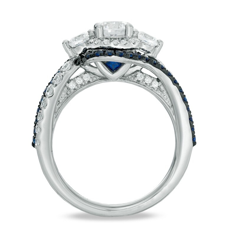 Main Image 3 of Previously Owned - Vera Wang Love Collection 1-1/5 CT. T.W. Diamond and Sapphire Three Stone Swirl Ring in 14K White Gold