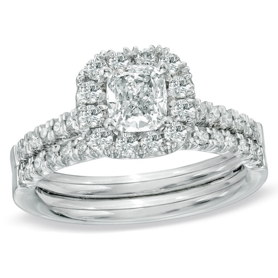 Previously Owned - 5/8 CT. T.w. Cushion-Cut Diamond Frame Bridal Set in 14K White Gold