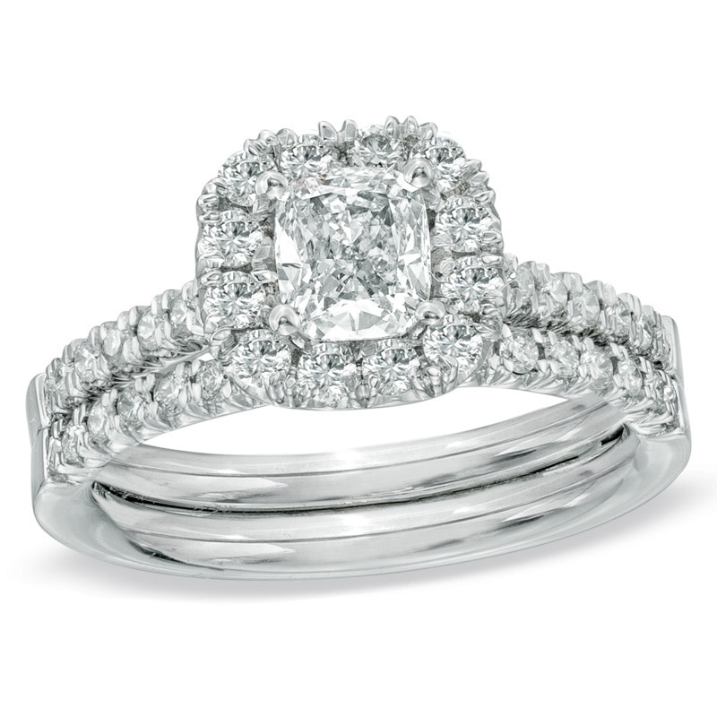 Main Image 1 of Previously Owned - 5/8 CT. T.W. Cushion-Cut Diamond Frame Bridal Set in 14K White Gold
