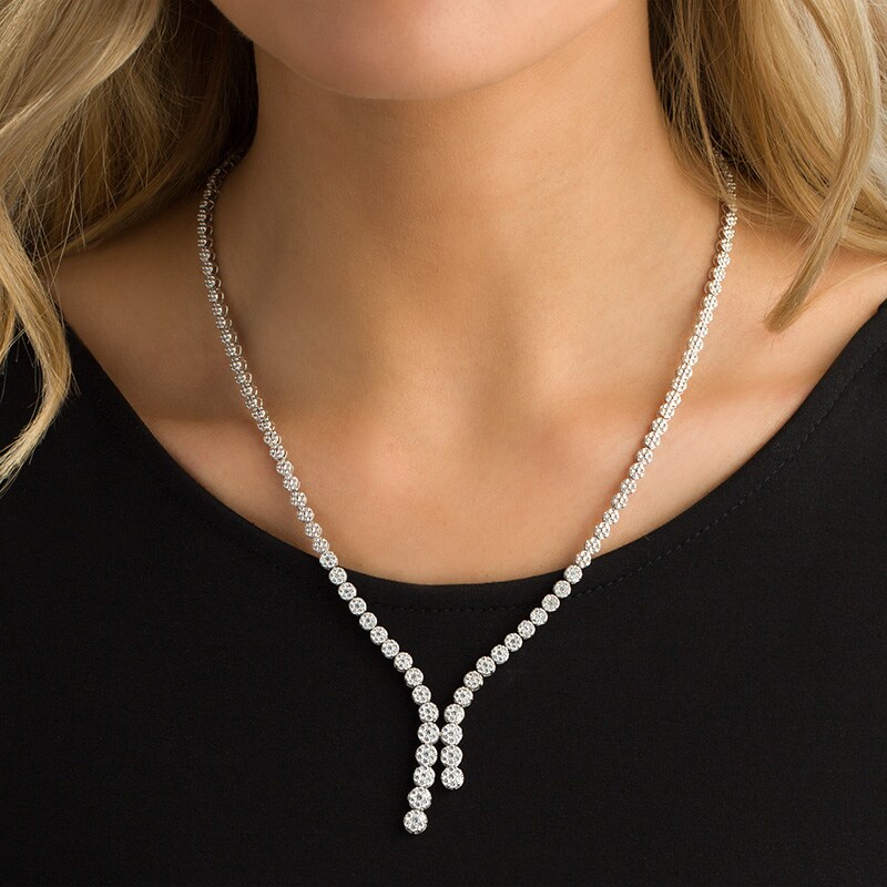 Main Image 3 of Previously Owned - 3 CT. T.W. Diamond Avalanche Staggered Drop Necklace in 14K White Gold - 19.5"