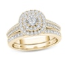 Thumbnail Image 1 of Previously Owned - 7/8 CT. T.W. Diamond Double Cushion Frame Multi-Row Vintage-Style Bridal Set in 14K Gold