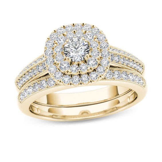 Previously Owned - 7/8 CT. T.w. Diamond Double Cushion Frame Multi-Row Vintage-Style Bridal Set in 14K Gold