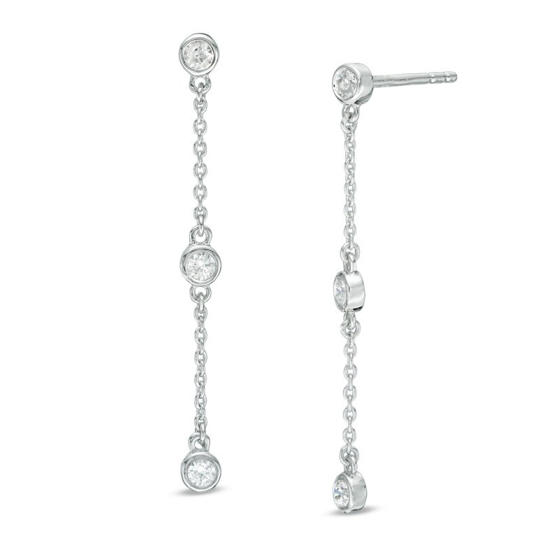 Main Image 1 of Previously Owned - 1/4 CT. T.W. Diamond Station Three Stone Drop Earrings in 10K White Gold