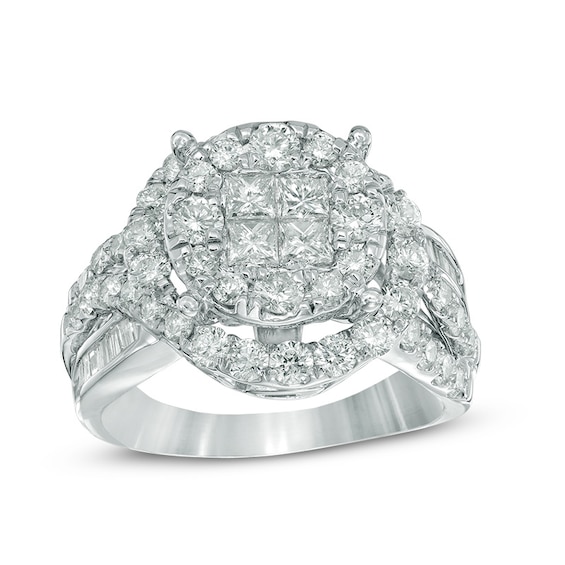 Previously Owned - 2-1/2 CT. T.w. Quad Princess-Cut Diamond Double Frame Engagement Ring in 14K White Gold