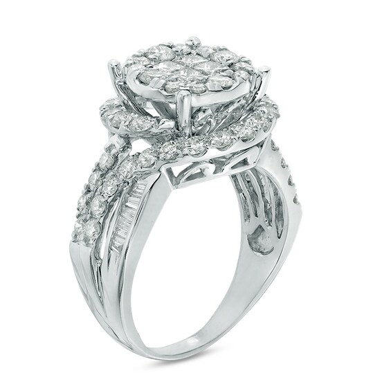 Previously Owned - 2-1/2 CT. T.w. Quad Princess-Cut Diamond Double Frame Engagement Ring in 14K White Gold