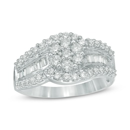 Previously Owned - 1 CT. T.W. Multi-Diamond Flower Bypass Ring in 10K White Gold