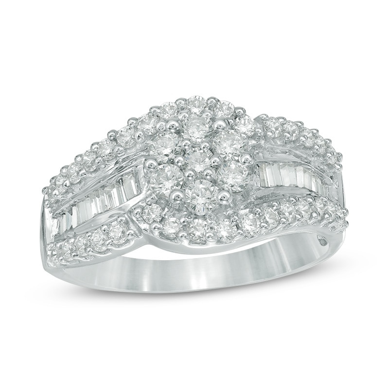 Main Image 1 of Previously Owned - 1 CT. T.W. Multi-Diamond Flower Bypass Ring in 10K White Gold