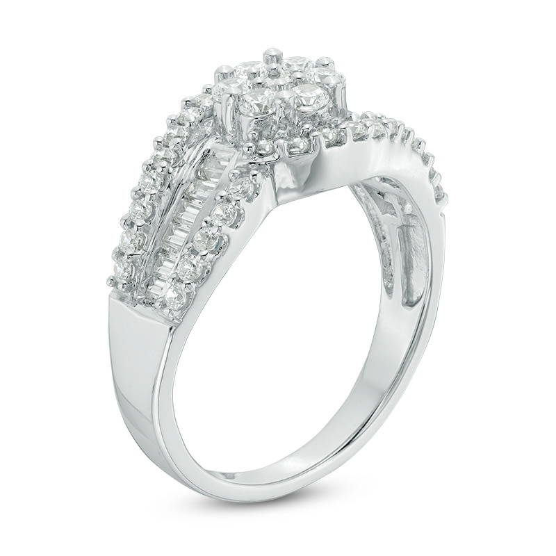Main Image 2 of Previously Owned - 1 CT. T.W. Multi-Diamond Flower Bypass Ring in 10K White Gold