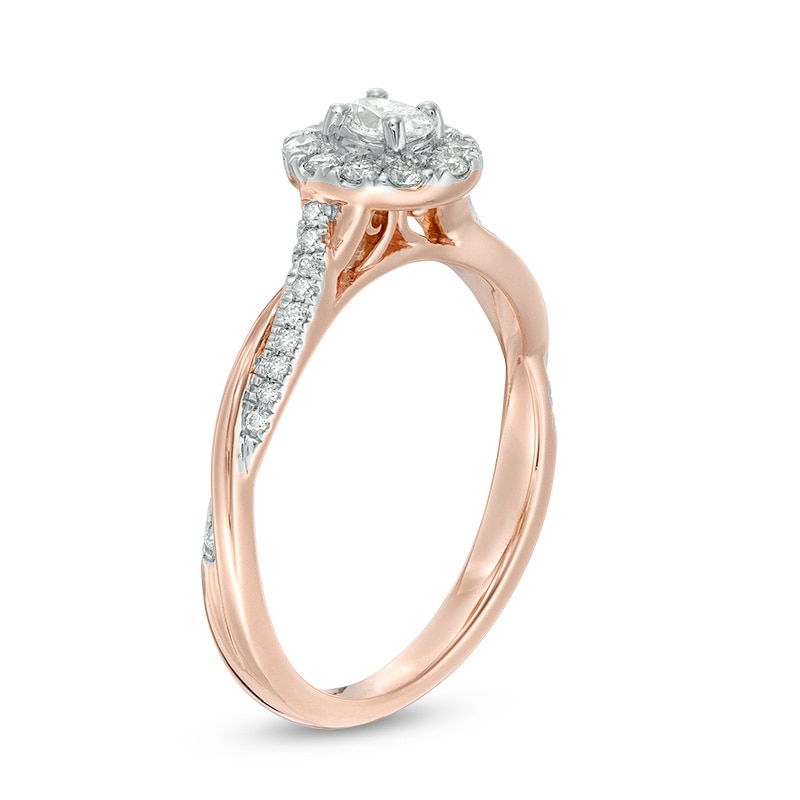 Main Image 2 of Previously Owned - 3/8 CT. T.W. Oval Diamond Frame Twist Engagement Ring in 10K Rose Gold