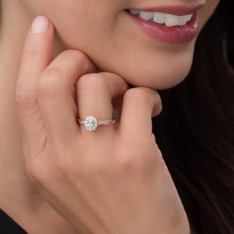 Main Image 3 of Previously Owned - 3/8 CT. T.W. Oval Diamond Frame Twist Engagement Ring in 10K Rose Gold