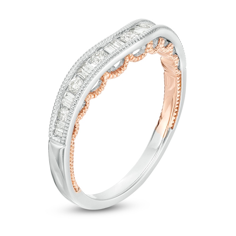 Main Image 2 of Previously Owned - 1/3 CT. T.W. Baguette and Round Diamond  Vintage-Style Contour Anniversary Band in 14K Two-Tone Gold