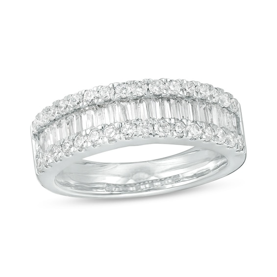 Previously Owned - 1 CT. T.w. Baguette and Round Diamond Triple-Row Ring in 10K White Gold